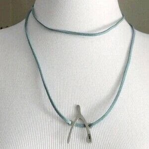 Jaeci Silver Wishbone Long Blue Leather Necklace